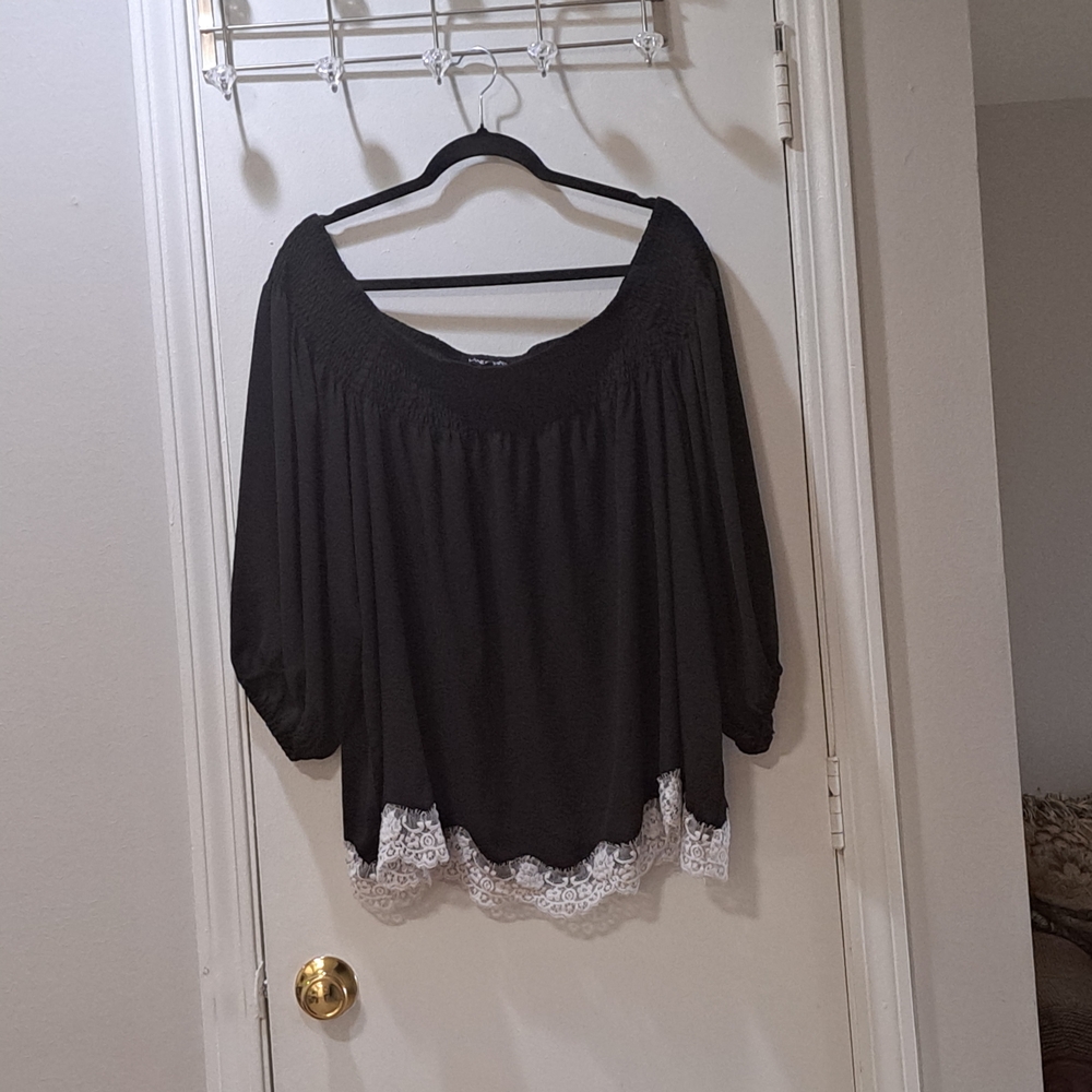 Lane Bryant Black Off the shoulder Blouse with White Lace Hem EUC